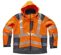 WORKTEAM Chaqueta Softshell de ALTA VISIBILIDAD, Cintas Reflectantes Discontinua, Capucha, Cortavientos, Repelente Agua, Membrana Transpirable y Alta Capacidad Térmica. Unisex Naranja A.V.+Gris L