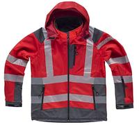 WORKTEAM Chaqueta Softshell de ALTA VISIBILIDAD, Cintas Reflectantes Discontinua, Capucha, Cortavientos, Repelente Agua, Membrana Transpirable y Alta Capacidad Térmica. Unisex Rojo+Gris L