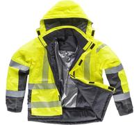 WORKTEAM Parka Acolchada Alta Visibilidad, Cintas Reflectantes Segmentadas, Cuello Alto con Capucha Ajustable, impermeable Clase 2, Unisex Amarillo A.V.+Gris Oscuro L