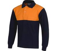 WORKTEAM Polo Combinado de Manga Larga en Algodón Piqué, Parte Superior de Alta Visibilidad, Cuello Clásico con Botones, Bolsillo de Pecho, Unisex Marino+Naranja A.V. 4XL