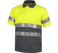WORKTEAM Polo de Alta Visibilidad EN ISO 20471 de Trabajo, Manga Corta, Ojo de Perdiz y con Cintas Reflectantes, Tallas Grandes. Unisex Amarillo A.V.+Gris S