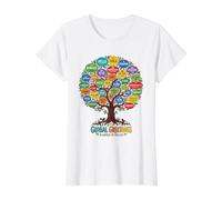 World Greetings Idioma Global Árbol Unidad Diverso Saludos Camiseta gráfica económica, Mujer, Blanco, XS