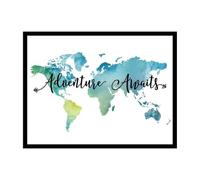 World Map Wall-Art Decor Adventure Awaits Teal Watercolor Travel Quote Canvas Print For Bedroom Living Room Dorm Office Gift Travelers Graduates