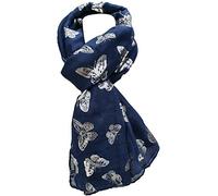 World of Shawls Bufanda con estampado de mariposa para mujer, estilo de celebridad, maxi, envoltura, pareo y chal, accesorio de moda para todas las ocasiones, Azul marino con mariposa de lámina