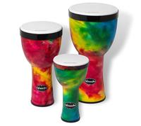 World Rhythm Juego de tambores Djembe de 8, 10 y 12 pulgadas, de PVC preafinado, percusión ligera con cabezas sintéticas, diseño de arco iris con bolsas de transporte para estudiantes, profesores