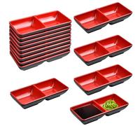 Worldity 12 platos dobles de salsa de soja de 10 onzas, plato de inmersión de melamina, cuencos de inmersión duales, platos de salsa de dos compartimentos, platos de salsa para restaurante, cocina,
