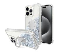 WORLDMOM- Funda para iPhone 15 Pro, Carcasa Protectora de TPU con Purpurina Colorida, Flotante, líquida y Brillante, con Soporte de aro, Color Plateado