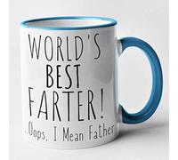 World's Best Farter Oops I Mean Farther - Taza, diseño con texto en inglés "Happy Day Dad" azul