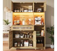 Worletty Armarios altos para salón, armario de cocina, armario de comedor con cajones, puertas de armario tejido de fibra de densidad media, armarios con iluminación LED, vitrina de pie para cocina o