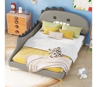 Worletty Cama acolchada, cama infantil, cama plana, diseño de dinosaurios, material de poliuretano (gris, 110 x 209 x 144 cm)