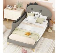 Worletty Cama acolchada, cama infantil, cama plana, diseño de dinosaurios, material de poliuretano (gris, 110 x 209 x 94 cm)