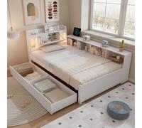 Worletty Cama de madera, cama doble, cama de panel, cabecero con compartimento de almacenamiento + 2 luces, con toma de carga, armarios de almacenamiento laterales y cajones, pino+tablero de