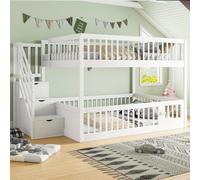 Worletty Cama de madera, cama doble, de madera maciza, litera de 140 x 200 cm, cama infantil con escalera de seguridad y cajones, cama individual de madera blanca con espacio de almacenamiento para