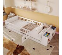 Worletty Cama de madera, cama infantil, madera de pino, almacenamiento abierto, estantes, carcasa que se puede abrir, sin colchón, blanco (223 x 95 x 45 cm)