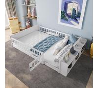 Worletty Cama de madera, cama infantil, madera de pino, almacenamiento abierto, estantes, carcasa que se puede abrir, sin colchón, blanco (223 x 145 x 45 cm)