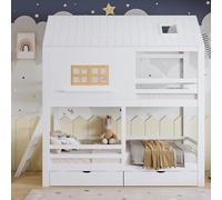 Worletty Cama de madera, litera, cama infantil, con bonitas ventanas y techo, somier de láminas estable y escalera, con dos cajones grandes, pino + MDF, madera contrachapada, blanco y natural, 90 x
