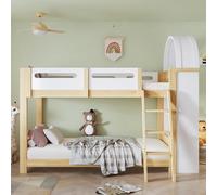 Worletty Cama de madera, litera, cama infantil, con estante de tres niveles, barrera de cama segura, escalera de tres niveles, somieres de láminas estables de pino + MDF + madera contrachapada, blanco