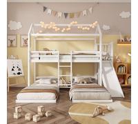 Worletty Cama de madera, litera, cama infantil, estructura de marco de cama estable, con tobogán, diseño de techo único, diseño con tres plazas para dormir, espacio de almacenamiento en la cama