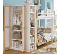 Worletty Cama de madera, litera, cuna, protección contra caídas y rejilla, con escalera de 4 niveles, 6 estantes abiertos, armario lateral, amplio espacio de almacenamiento, color blanco y natural, 90