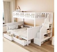 Worletty Cama infantil de madera, litera de madera maciza con tobogán y estantería con niveles de seguridad, dos cajones grandes y somier, color blanco (252 x 145 x 160 cm)