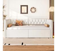 Worletty Cama tapizada, cama doble, estructura de cama, cama de día extensible en tamaño con acolchado y luz LED, color beige