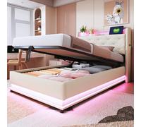 Worletty Cama tapizada, cama doble, estructura de cama, cama infantil, cama tapizada, con luces que cambian de color y enchufe USB, cabecero plegable, con espacio de almacenamiento hidráulico