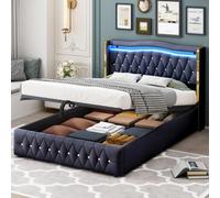 Worletty Cama tapizada, cama doble, estructura de cama, patas anchas con rayas claras para un agarre estable, con iluminación LED que cambia de color, con sistema hidráulico para almacenamiento (negro