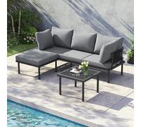 Worletty Juego de muebles de jardín esquinero, sofá + mesa de café + reposapiés, tubo de acero galvanizado, mesa de cristal, adecuado para jardines, piscinas y otros exteriores, gris + negro