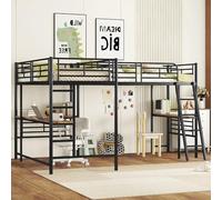 Worletty Litera, cama de metal, cama alta, 90 x 200 cm, dos literas, mesa debajo de la cama, escalera doble, barandilla alta (negro)