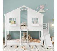 Worletty Litera, cuna, tobogán infantil, con techo y ventana, con rejilla de protección contra caídas, con escalera de tres niveles, madera de pino y MDF, color blanco, 90 x 200 cm