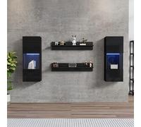 Worletty Mueble de TV para TV, estante de pared, 4 unidades, armario de pared LED y 2 estantes, iluminación inteligente controlada por aplicación, acabado brillante y puertas de vidrio templado, juego