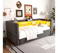 Worletty Sofá cama, cama de día extensible, cama tapizada, sofá cama extensible 90/180 x 190 cm, equipado con luces LED, enchufes y muchos compartimentos, cama tapizada, cama individual (gris oscuro)