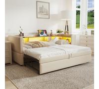 Worletty Sofá cama, cama de día extensible, cama tapizada, sofá cama extensible 90/180 x 190 cm, equipado con luces LED, enchufes y muchos compartimentos, cama tapizada, cama individual (beige)
