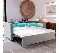 Worletty Sofá cama, cama de día extensible, cama tapizada, sofá cama extensible 90/180 x 190 cm, equipado con luces LED, enchufes y muchos compartimentos, cama tapizada, cama individual (gris claro)
