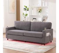 Worletty Sofá cama, sofá, sofá moderno de chenilla para 2 personas con USB-C, ambiente LED, soporte para bebidas y bolsillos laterales. Marco de madera/metal con espuma de confort (gris claro)