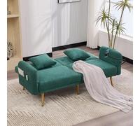 Worletty Sofá plegable, sofá cama, sofá cama, cama multifuncional para dos personas con respaldo ajustable, dos puertos USB, soporte para teléfono móvil, bolsillo lateral, patas de metal (esmeralda)