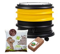 WORMbox | Vermicompostador Compostera 2 bandejas Amarillo + 250g de Lombrices / 500 und + 1 Coco | 32 litros | Composta residuos orgánicos, lombrices producen Humus de Lombriz