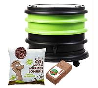 WORMbox | Vermicompostador Compostera 2 bandejas Anis Verde + 250g de Lombrices / 500 und + 1 Coco | 32 litros | Composta residuos orgánicos, lombrices producen Humus de Lombriz