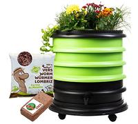 WORMbox | Vermicompostador Compostera 3 bandejas Anis Verde + Jardinera + 250g de Lombrices / 500 und + 1 Coco | 48 litros | Composta residuos orgánicos, lombrices producen Humus de Lombriz