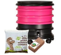 WORMbox | Vermicompostador Compostera 3 bandejas Fucsia + 250g de Lombrices / 500 und + 1 Coco | 48 litros | Composta residuos orgánicos, lombrices producen Humus de Lombriz