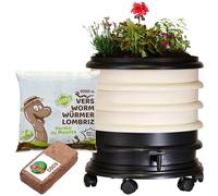 WORMbox | Vermicompostador Compostera 3 bandejas Marfil + Jardinera + 500g de Lombrices / 1000 und + 1 Coco | 48 litros | Composta residuos orgánicos, lombrices producen Humus de Lombriz
