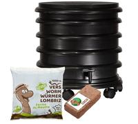 WormBox | Vermicompostador Compostera 3 bandejas Negro + 500g de Lombrices / 1000 und + 1 Coco | 48 litros | Composta residuos orgánicos, lombrices producen Humus de Lombriz