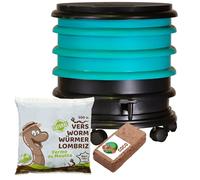 WormBox | Vermicompostador Compostera 3 bandejas Turquesa + 250g de Lombrices / 500 und + 1 Coco | 48 litros | Composta residuos orgánicos, lombrices producen Humus de Lombriz