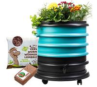 WORMbox | Vermicompostador Compostera 3 bandejas Turquesa + Jardinera + 250g de Lombrices / 500 und + 1 Coco | 48 litros | Composta residuos orgánicos, lombrices producen Humus de Lombriz