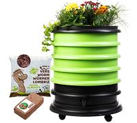 WORMbox | Vermicompostador Compostera 4 bandejas Anis Verde + Jardinera + 500g de Lombrices / 1000 und + 1 Coco | 64 litros | Composta residuos orgánicos, lombrices producen Humus de Lombriz