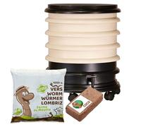 WORMbox | Vermicompostador Compostera 4 bandejas Marfil + 500g de Lombrices / 1000 und + 1 Coco | 64 litros | Composta residuos orgánicos, lombrices producen Humus de Lombriz