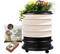 WORMbox | Vermicompostador Compostera 4 bandejas Marfil + Jardinera + 500g de Lombrices / 1000 und + 1 Coco | 64 litros | Composta residuos orgánicos, lombrices producen Humus de Lombriz