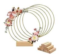 Worown 6 Piezas Aros de Metal 25cm， Anillo Metalicos Oro con 6 Soportes de Madera Natural， Aros Florales para Decoración Bodas， Fiestas， Banquetes， Eventos