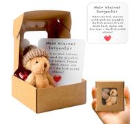 Worry Bear Hug in a Box Alemán,Mini Oso de Preocupación con Tarjeta Inspiradora,Mini Oso de Peluche Hecho a Mano en Caja,Pequeño Osos de Bolsillo,Regalo Positivo de Felpa de Apoyo Emocional