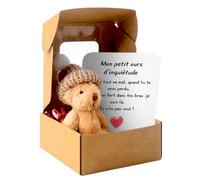 Worry Bear Hug in a Box Francés,Mini Oso de Preocupación con Tarjeta Inspiradora,Mini Oso de Peluche Hecho a Mano en Caja,Pequeño Osos de Bolsillo,Regalo Positivo de Felpa de Apoyo Emocional